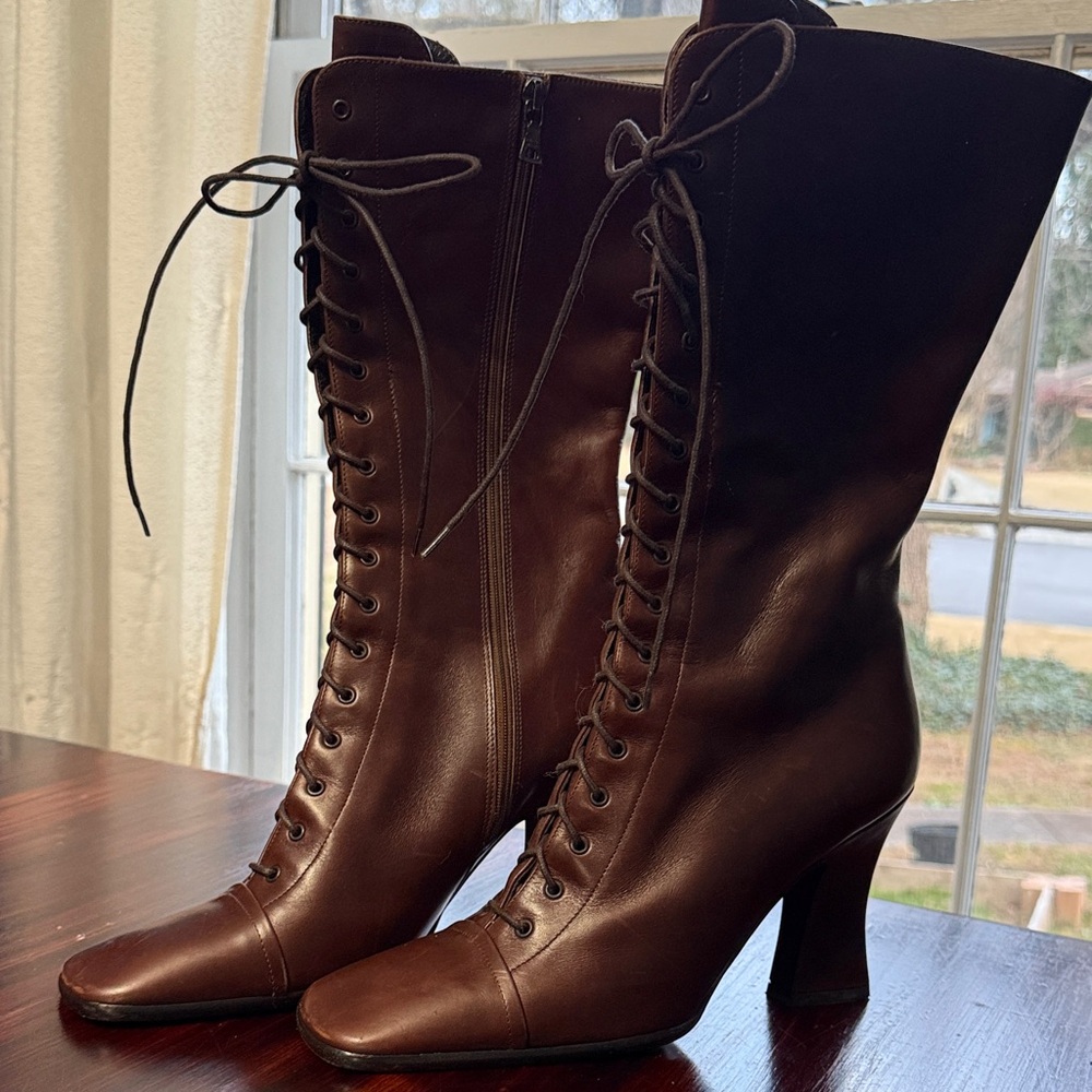 Vintage Prada Chocolate Brown Zip/Lace-Up soft leather Boots squaretoe, mid calf